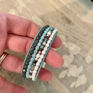NWT-Czech glass beads memory wire wrap bracelet turquoise, white & hematite